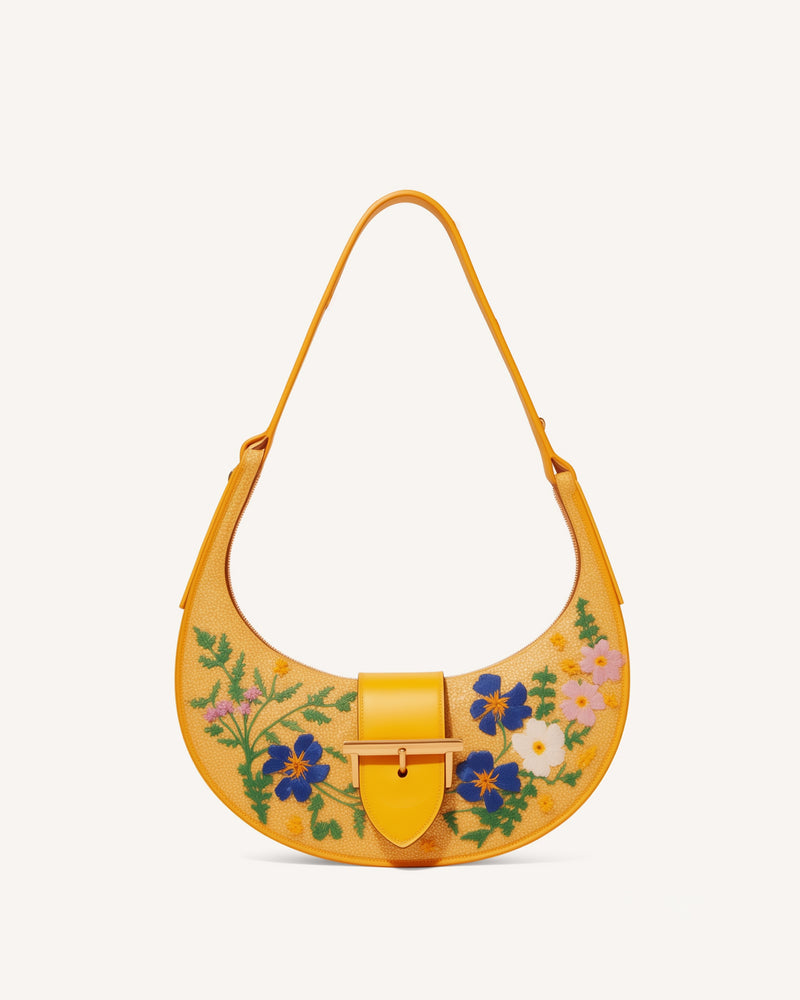 Emily Floral Embroidered Crescent Bag - Yellow