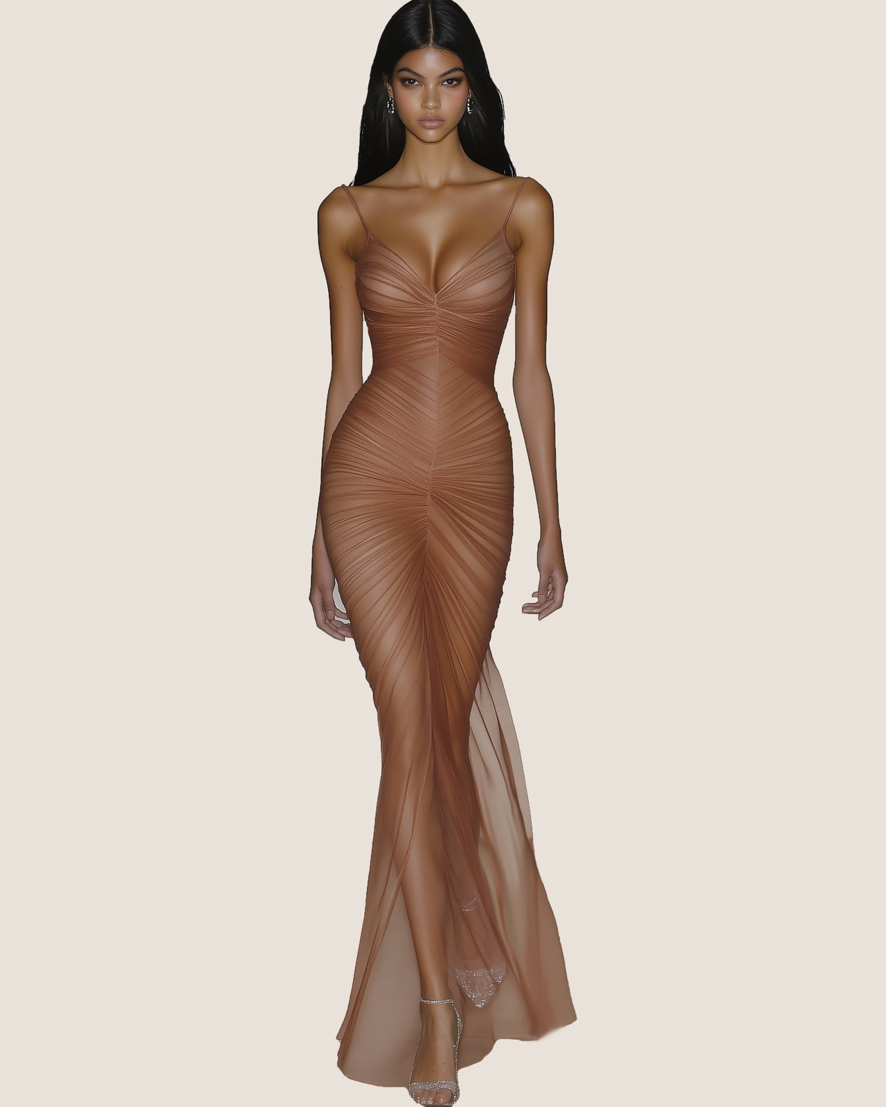 Piper Draped Mesh Evening Gown - Cinnamon