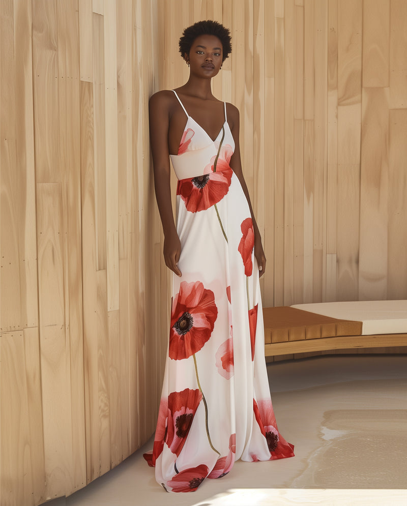 Poppy Print Maxi Dress - White/Red