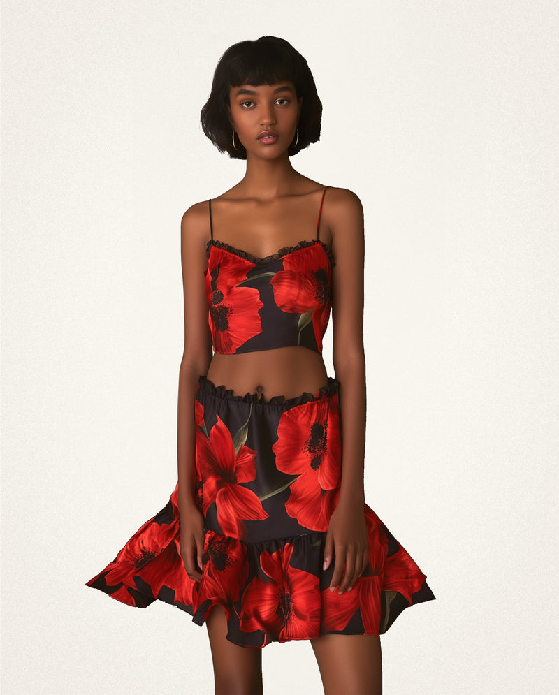 Floral Satin Crop Top and Skirt Set - Black/Red