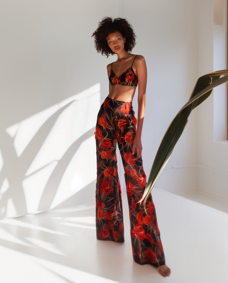 Floral Satin Crop Top and Skirt Set - Black/Red