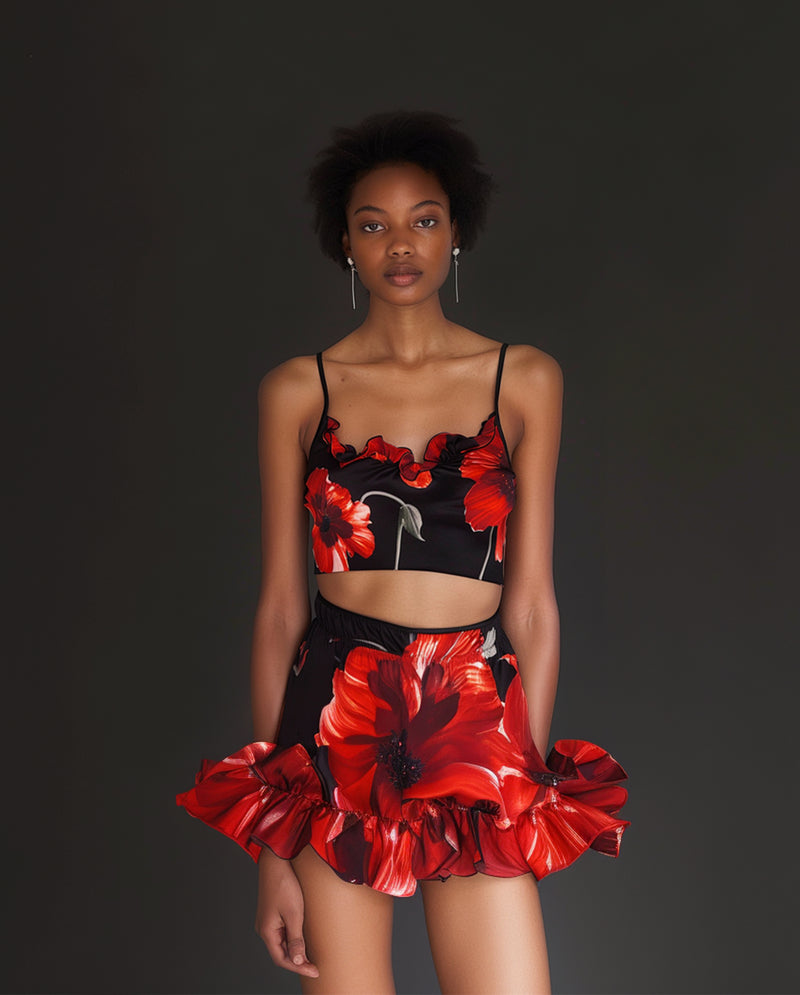 Floral Satin Crop Top and Skirt Set - Black/Red