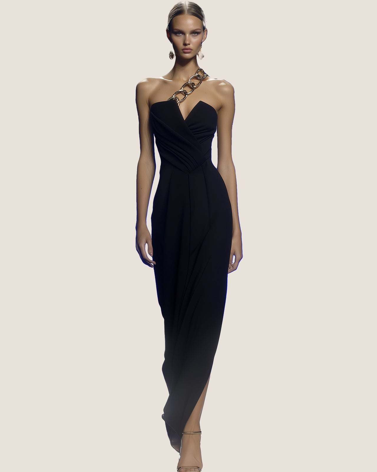 Cora Chain Accent Draped Gown - Black