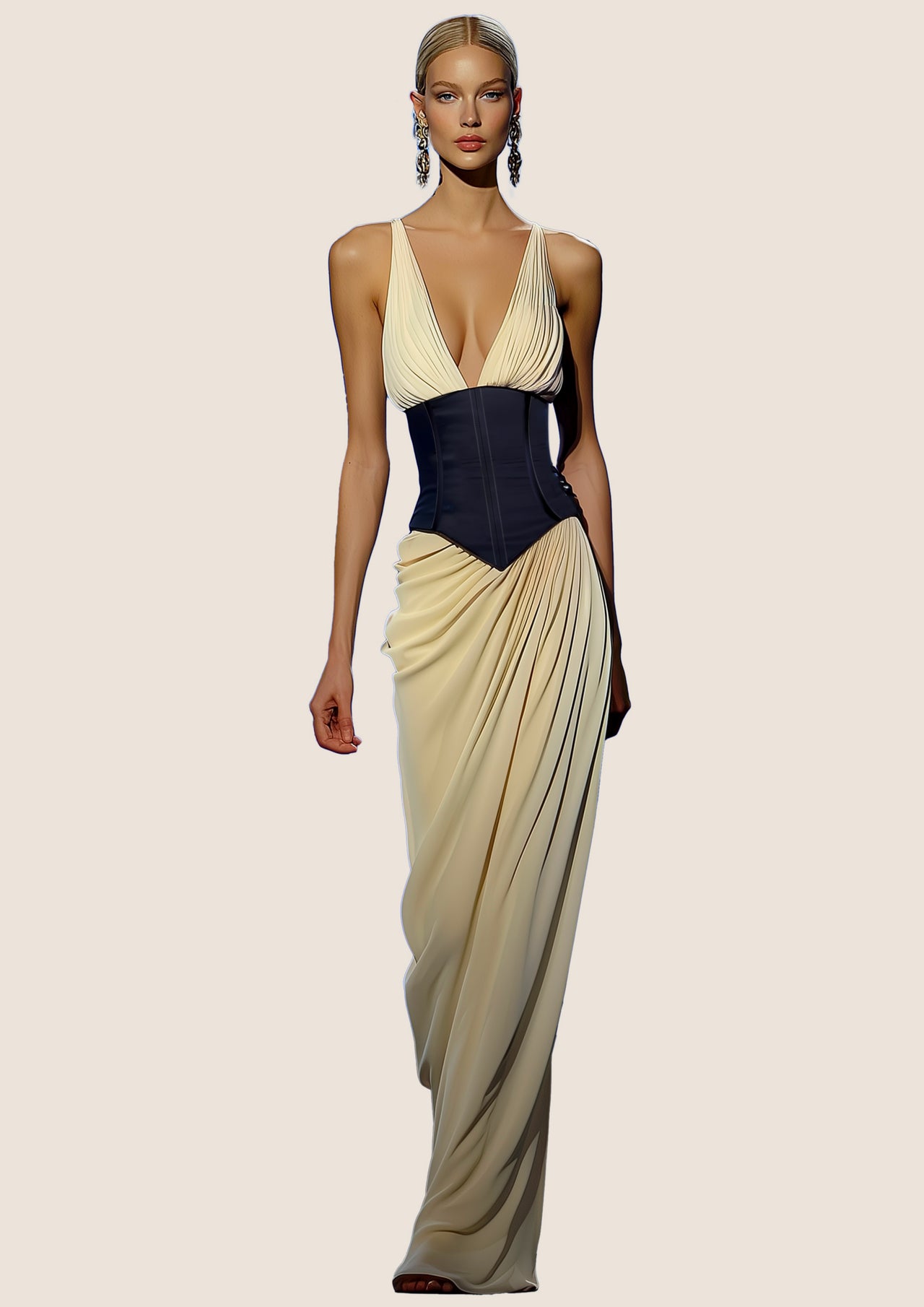 Nora Draped Corset Gown - Cream/Black