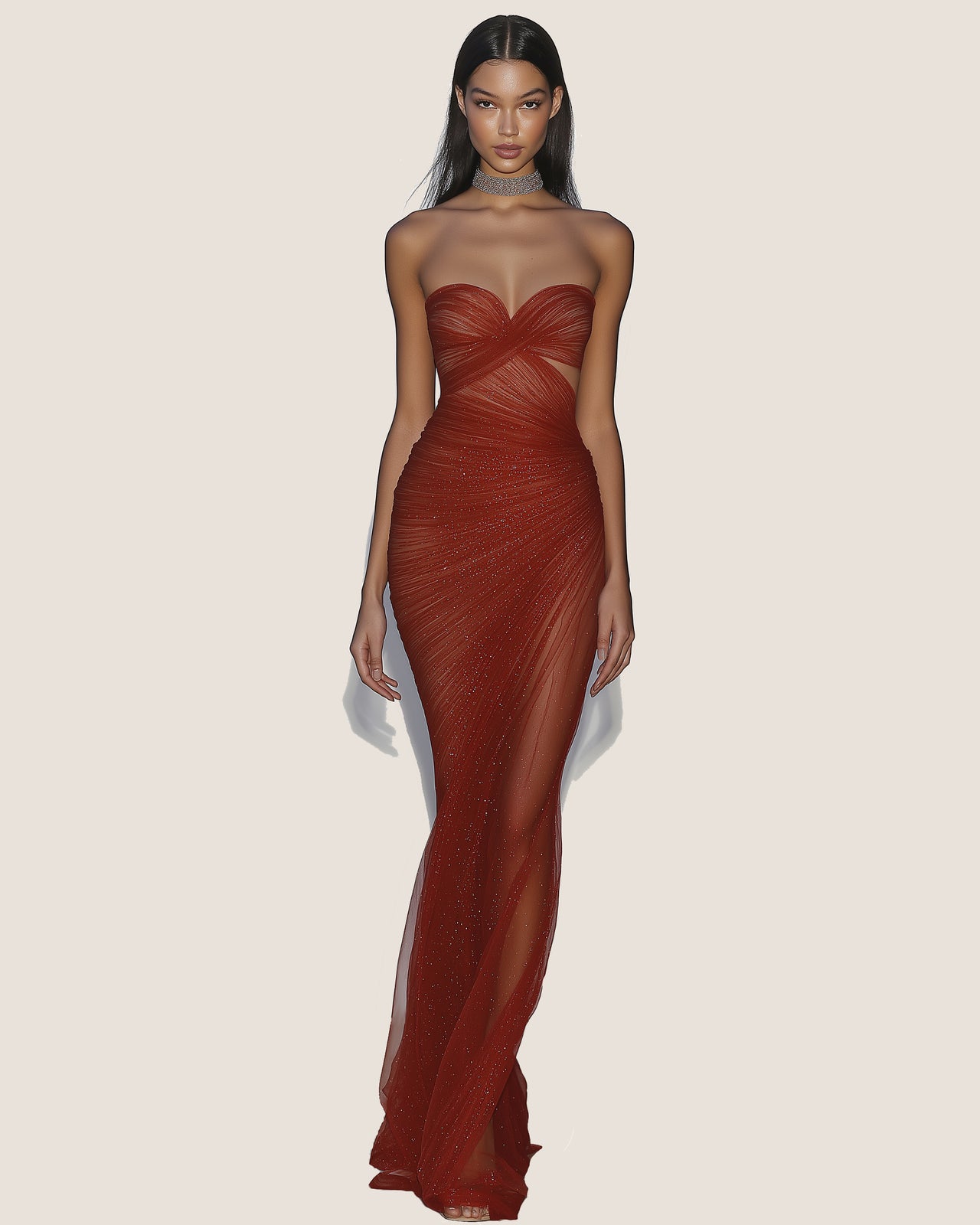 Mia Strapless Sheer Glitter Gown - Scarlet