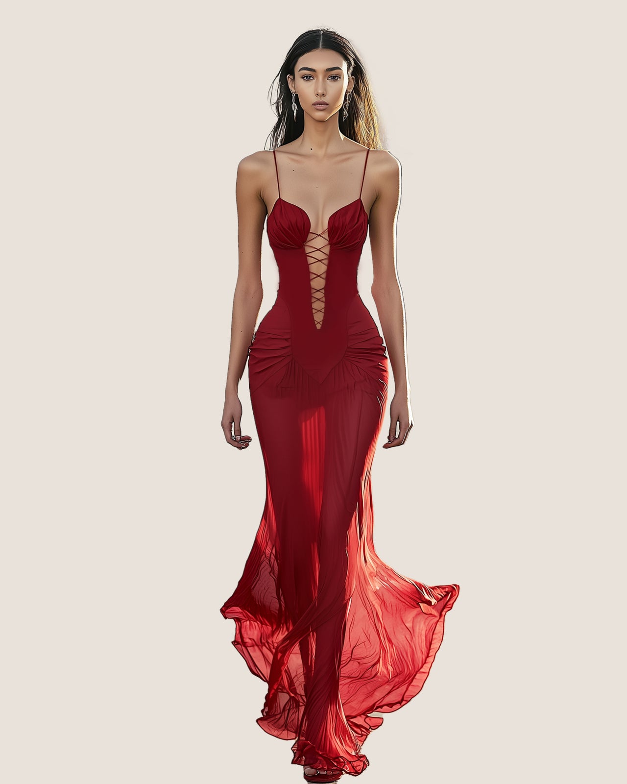 Alice Lace-Up Ruched Gown - Scarlet