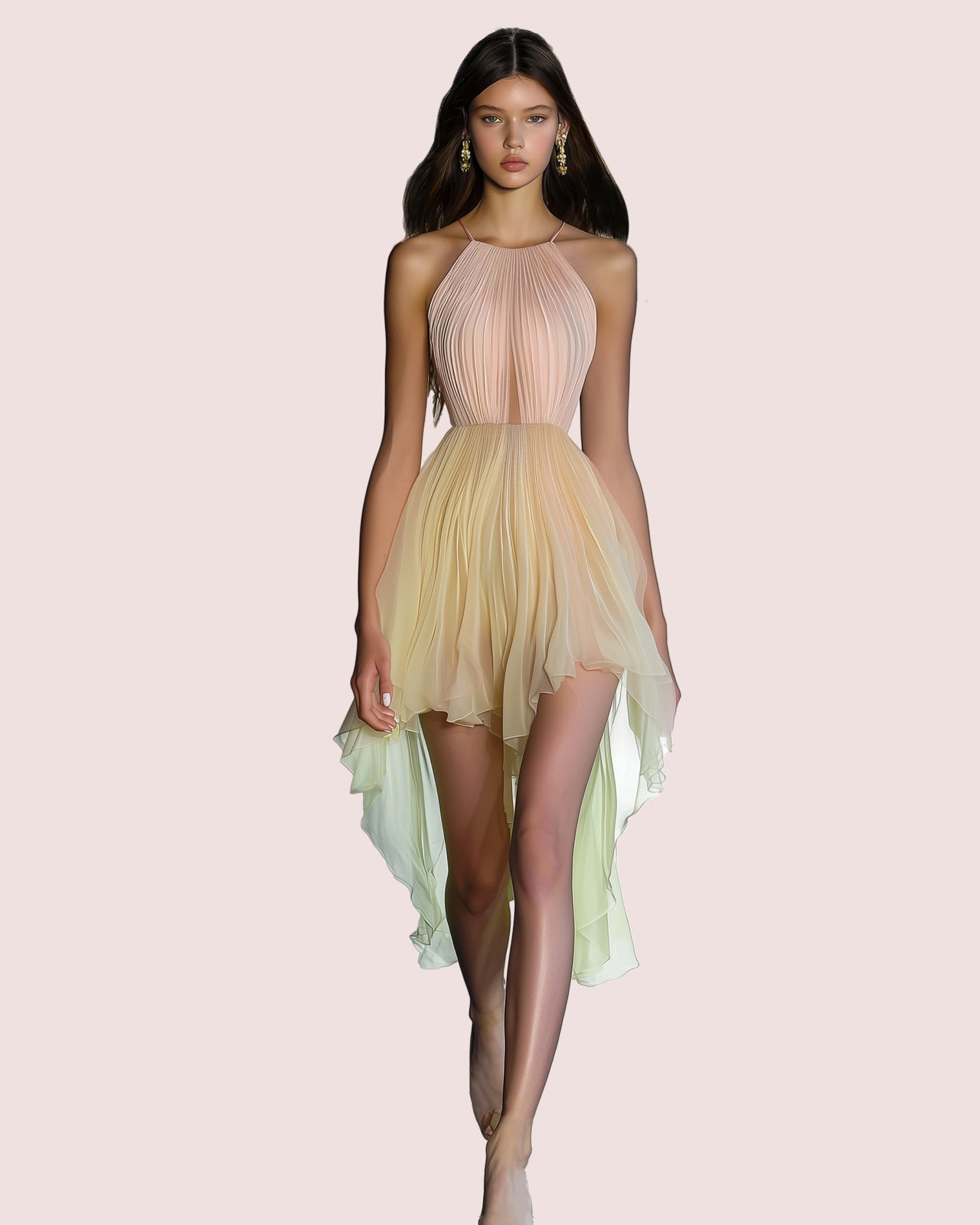 Melanie Pleated Halter Dress - Pastel Ombre