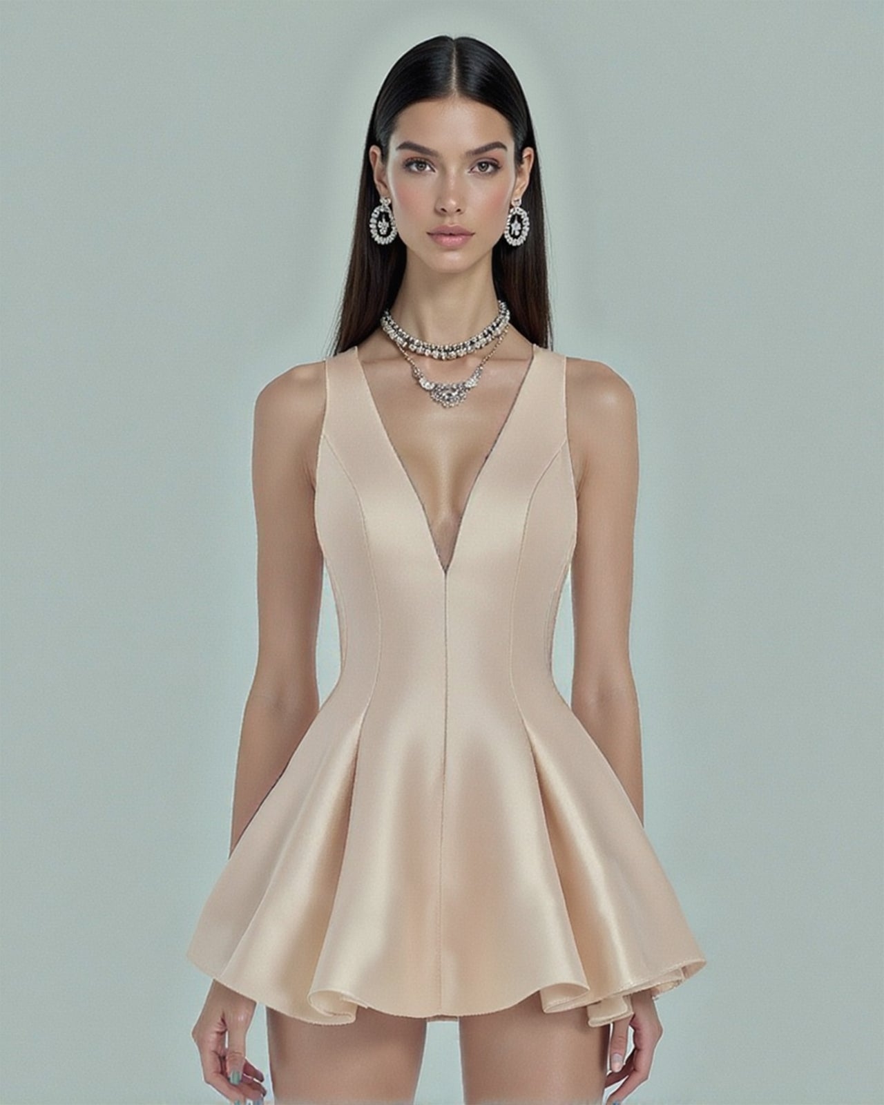 Alice Plunge V-Neck Fit-and-Flare Mini Dress - Champagne