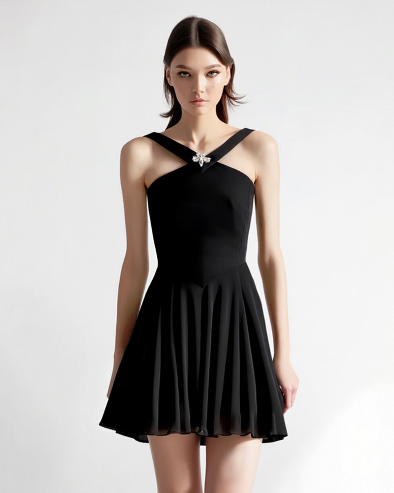 Emilia Cross-Strap Embellished A-Line Mini Dress - Black