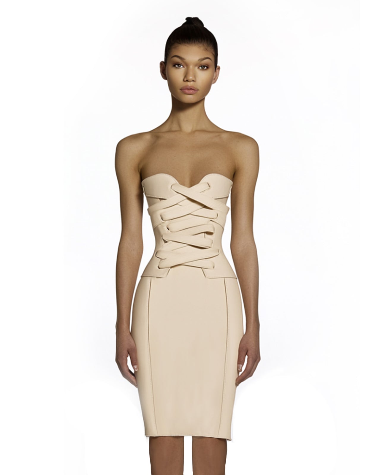 Gianna Strapless Corset Bodycon Midi Dress - Beige