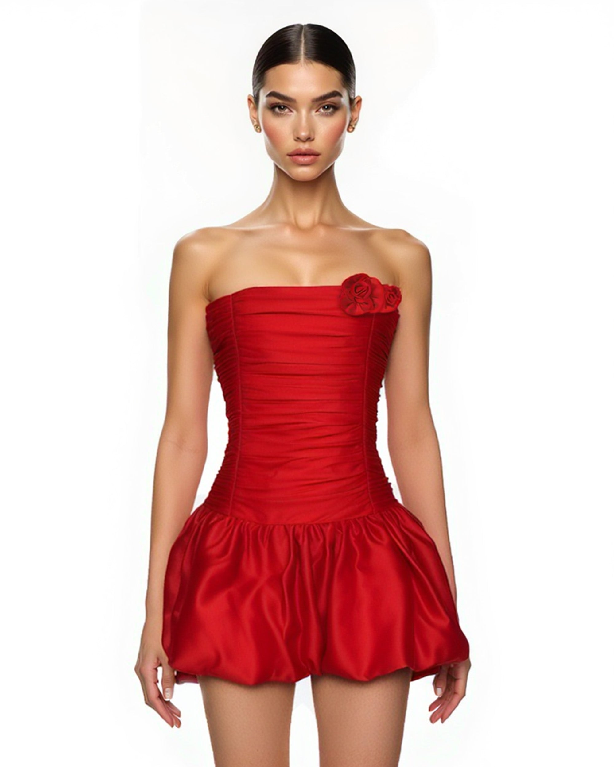 Everly Rosette Detail Satin Dress - Red