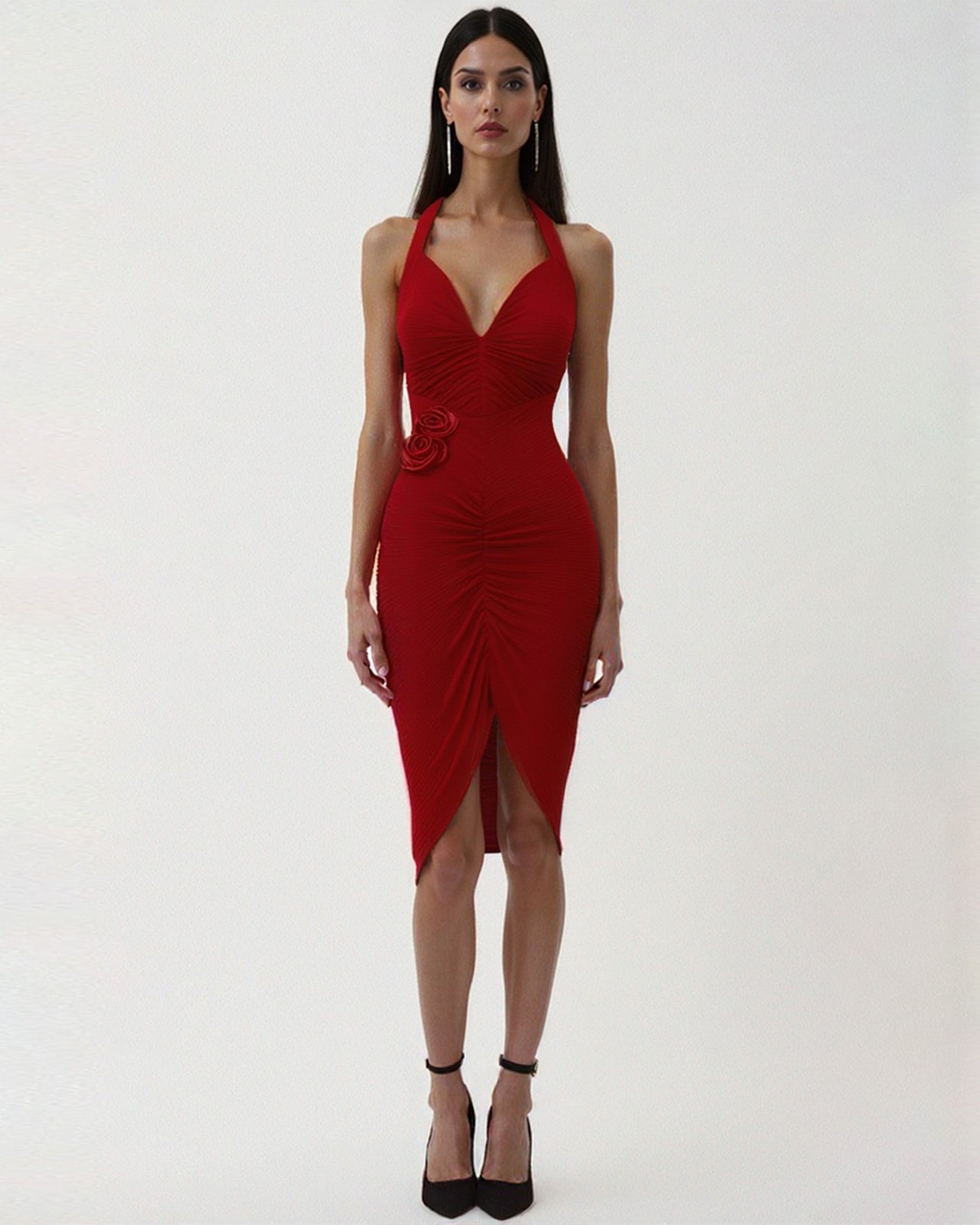 Sophia Ruched Halter Dress - Red