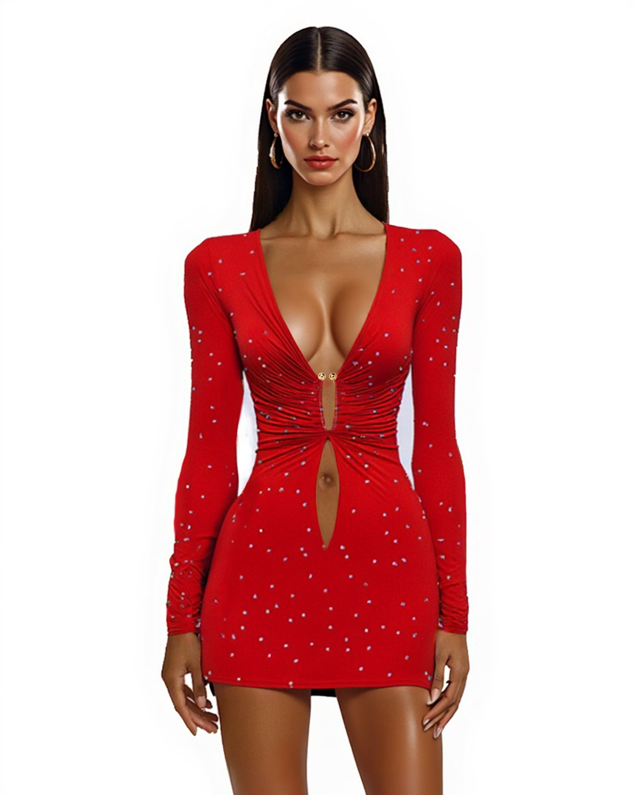 Taylor Embellished Long Sleeve Mini Dress - Red