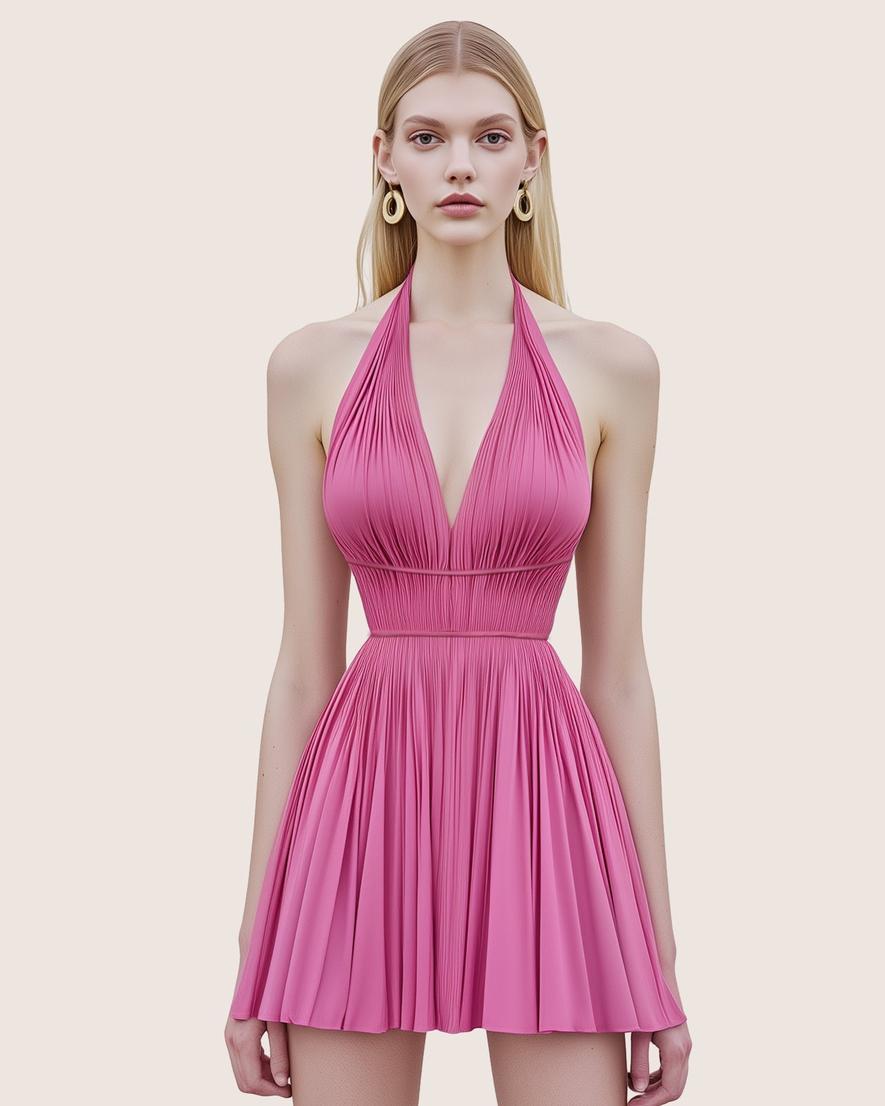 Emily Vibrant Pleated Halter Dress - Pink