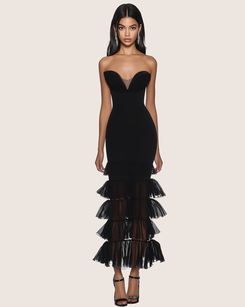 Isla Elegant Tiered Tulle Gown - Black