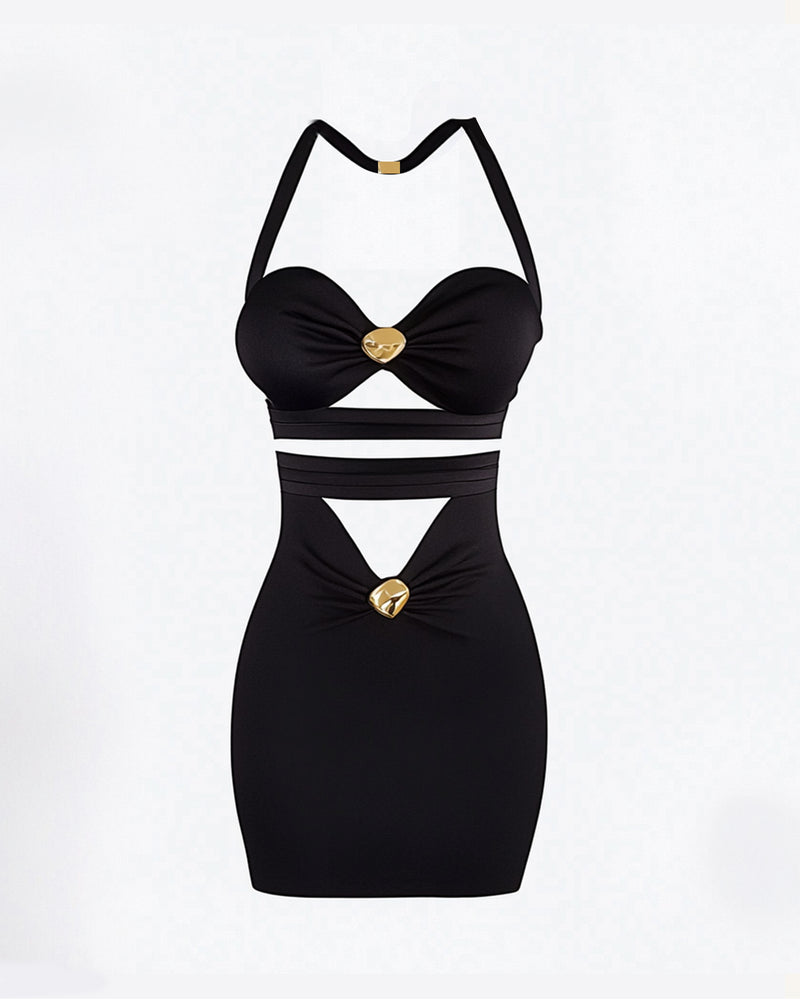 Nevaeh Cut-Out Dress with Gold Accents - Black