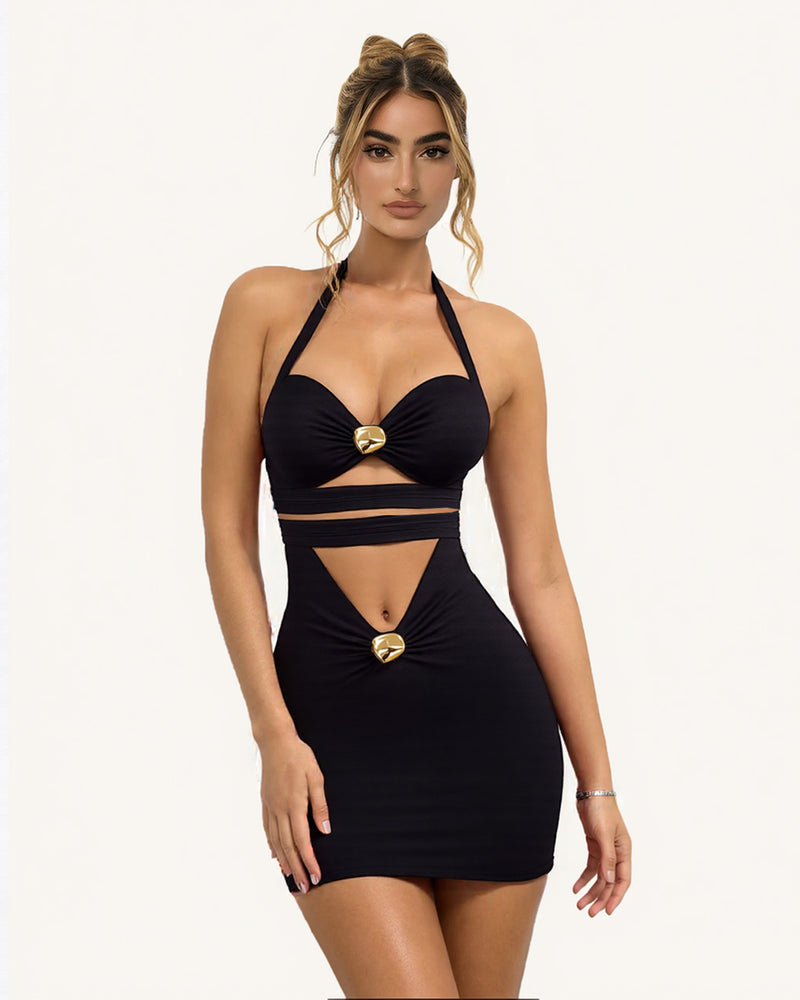 Nevaeh Cut-Out Dress with Gold Accents - Black