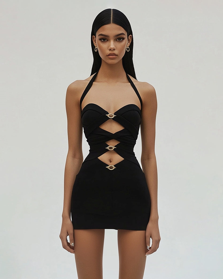 Seraphine Halter Cut-Out Mini Dress - Black