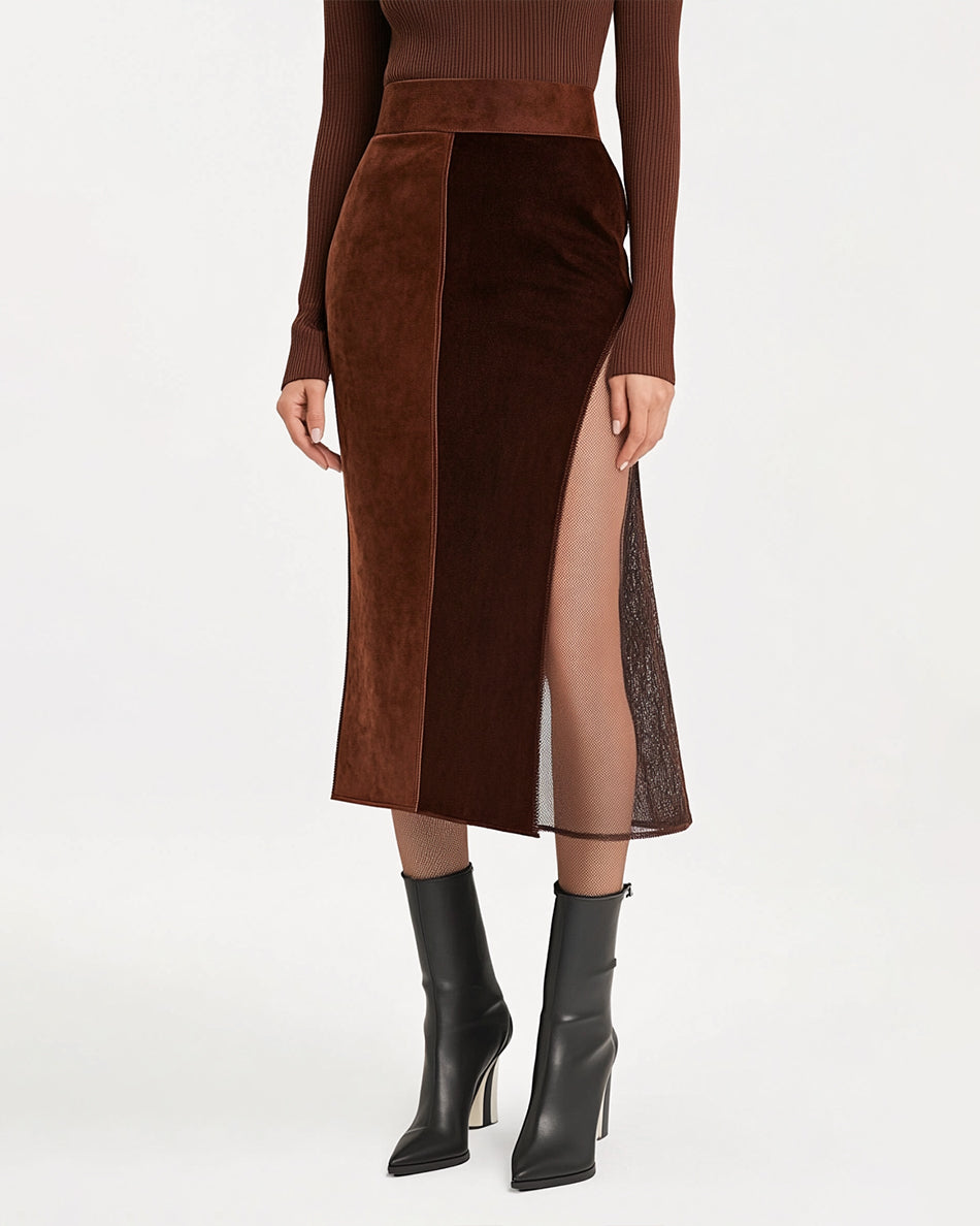 Chloe Velvet Split Midi Skirt - Chocolate