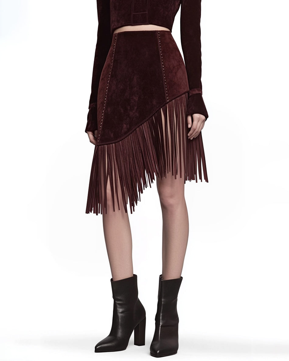 Willow Fringe Asymmetric Skirt - Burgundy