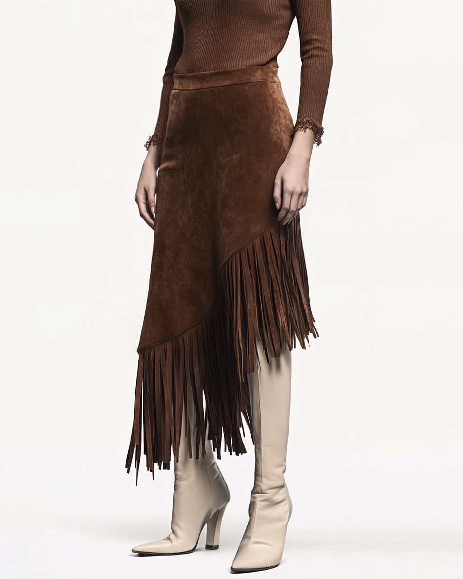 Naomi Fringe Midi Skirt - Brown