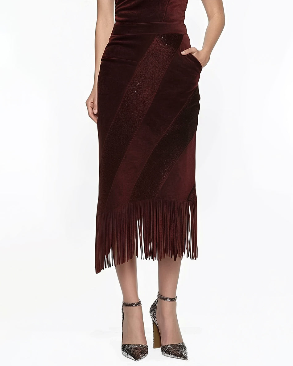 Paisley Diagonal Stripe Fringe Skirt - Burgundy