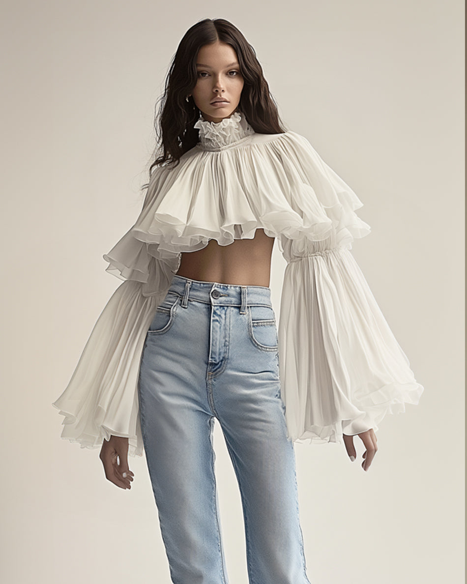 Piper Layered Ruffle High-Neck Blouse - White