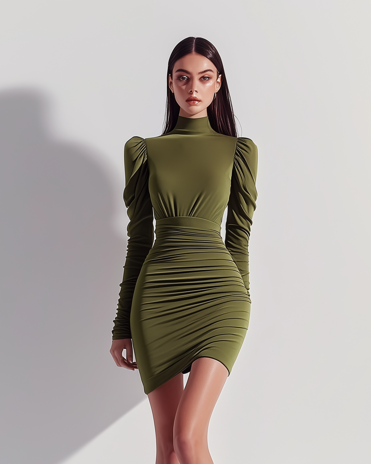 Arianna Puff-Sleeve Ruched Mini Dress - Olive Green