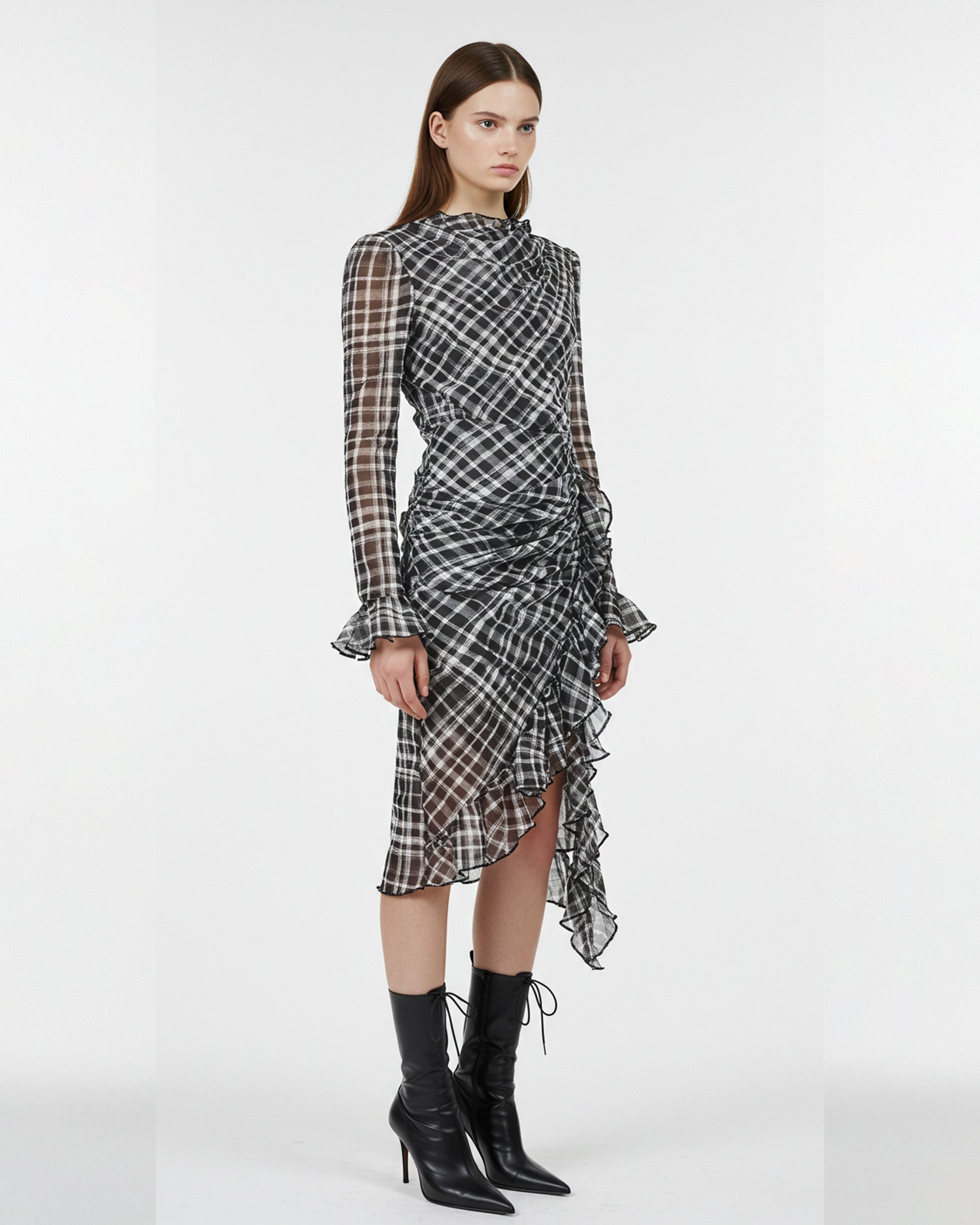 Hannah Checkered Ruffled Dress - Black/White