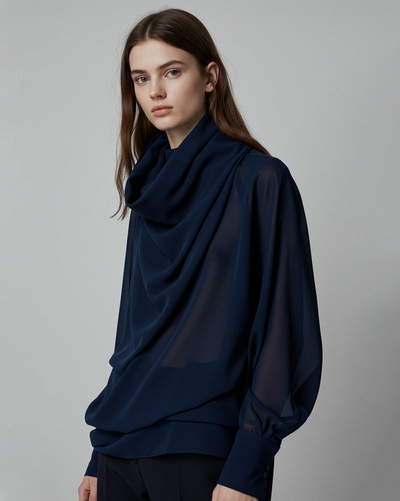 Luna Draped Turtleneck Blouse - Navy