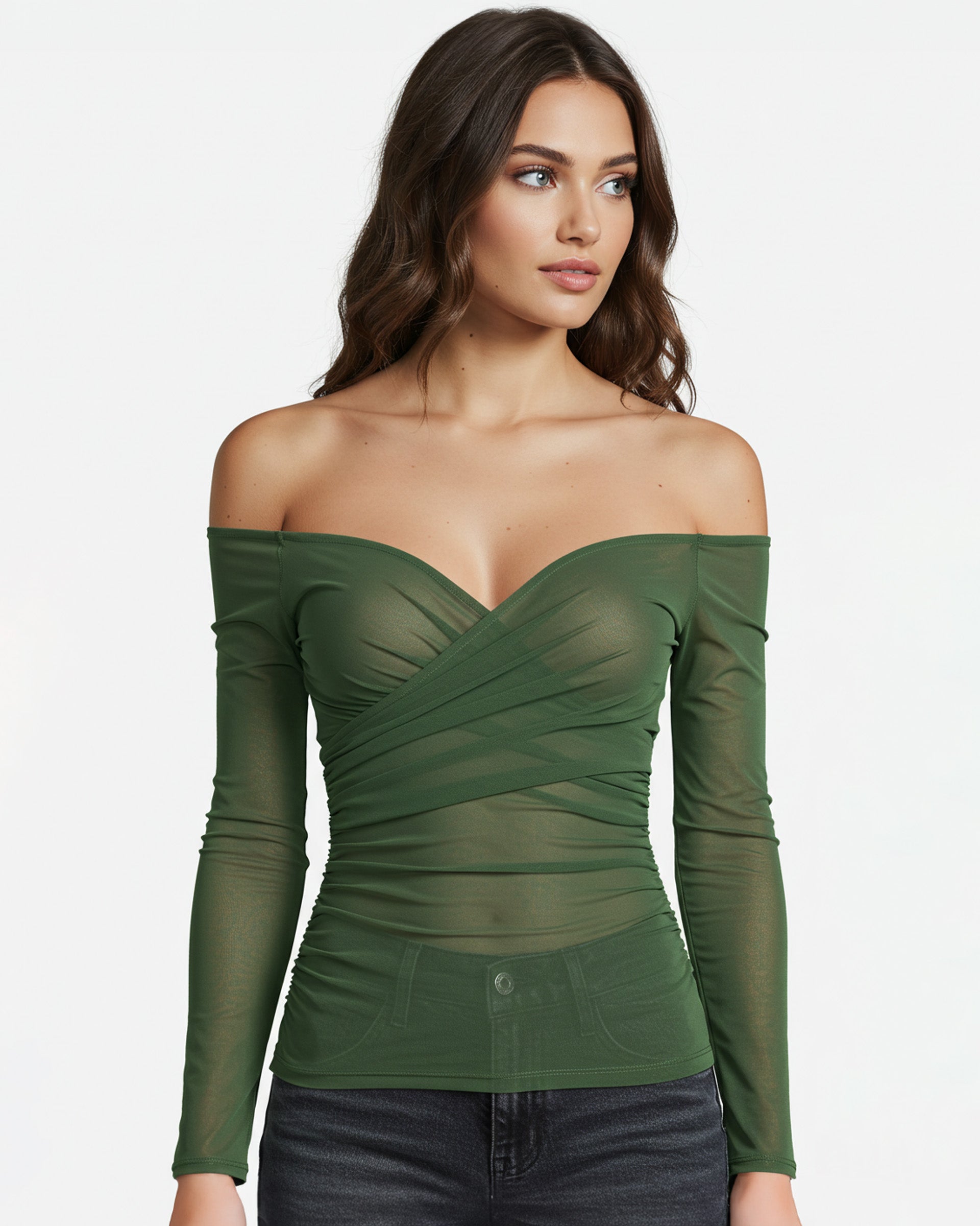 Adeline Mesh Off-Shoulder Top - Green