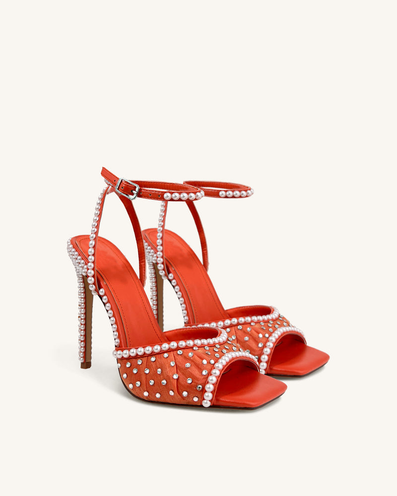 Aria Pearl-Embellished High Heels - Red