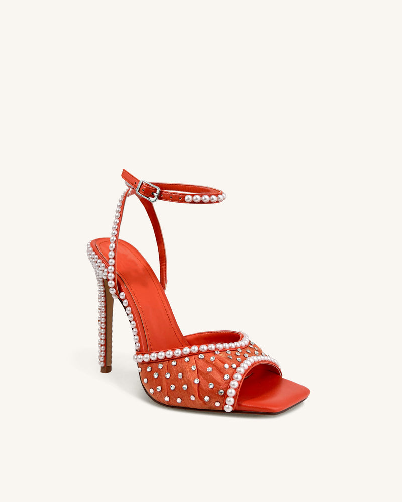 Aria Pearl-Embellished High Heels - Red