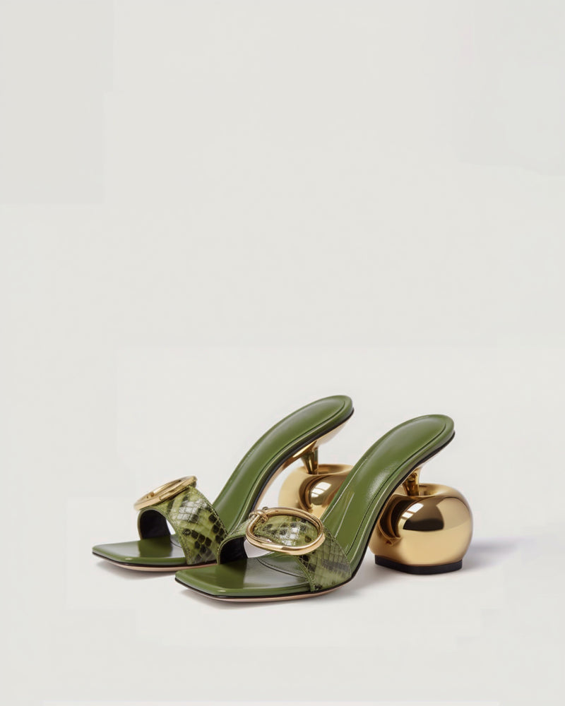 Faith Luxe Gold Heel Mules - Olive Green