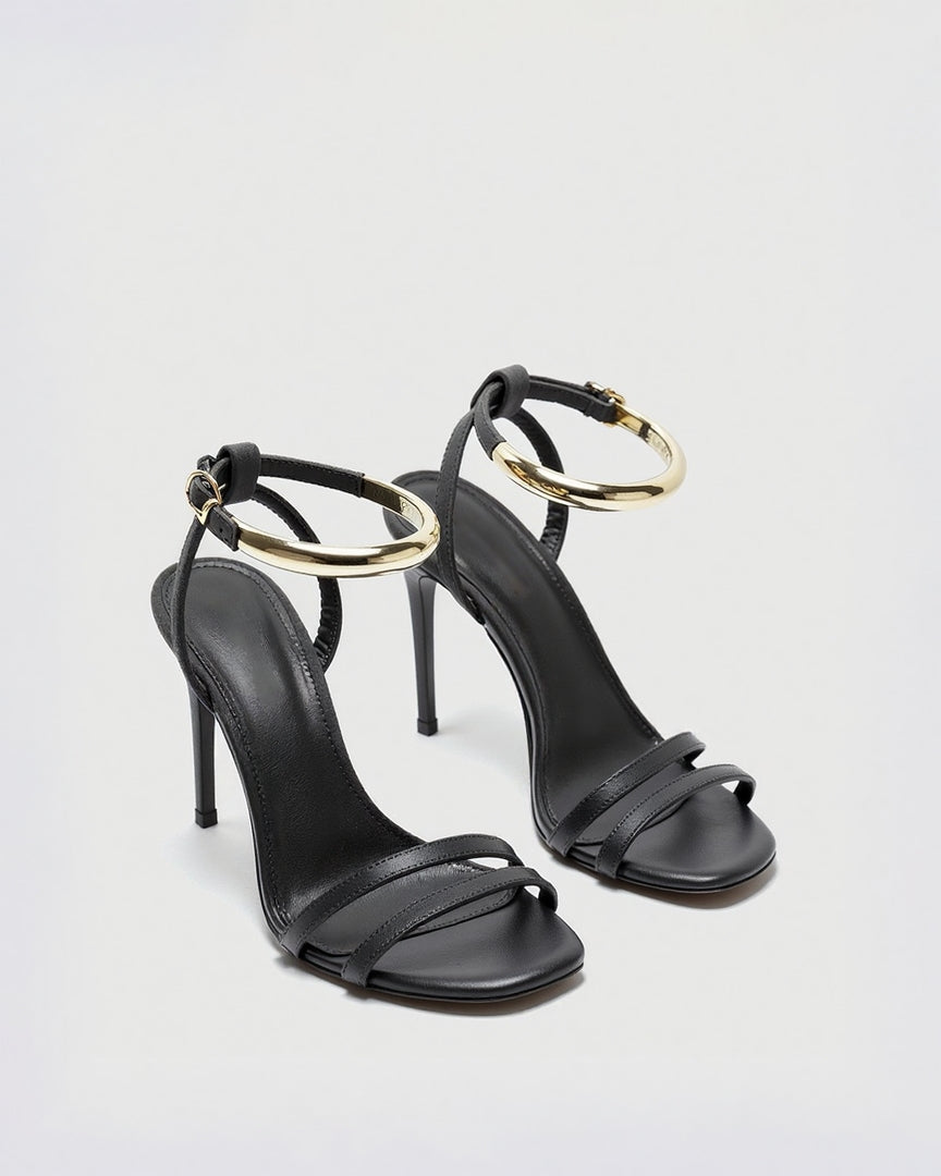 Lucy Ankle-Strap Heels with Gold Ring Detail - Black