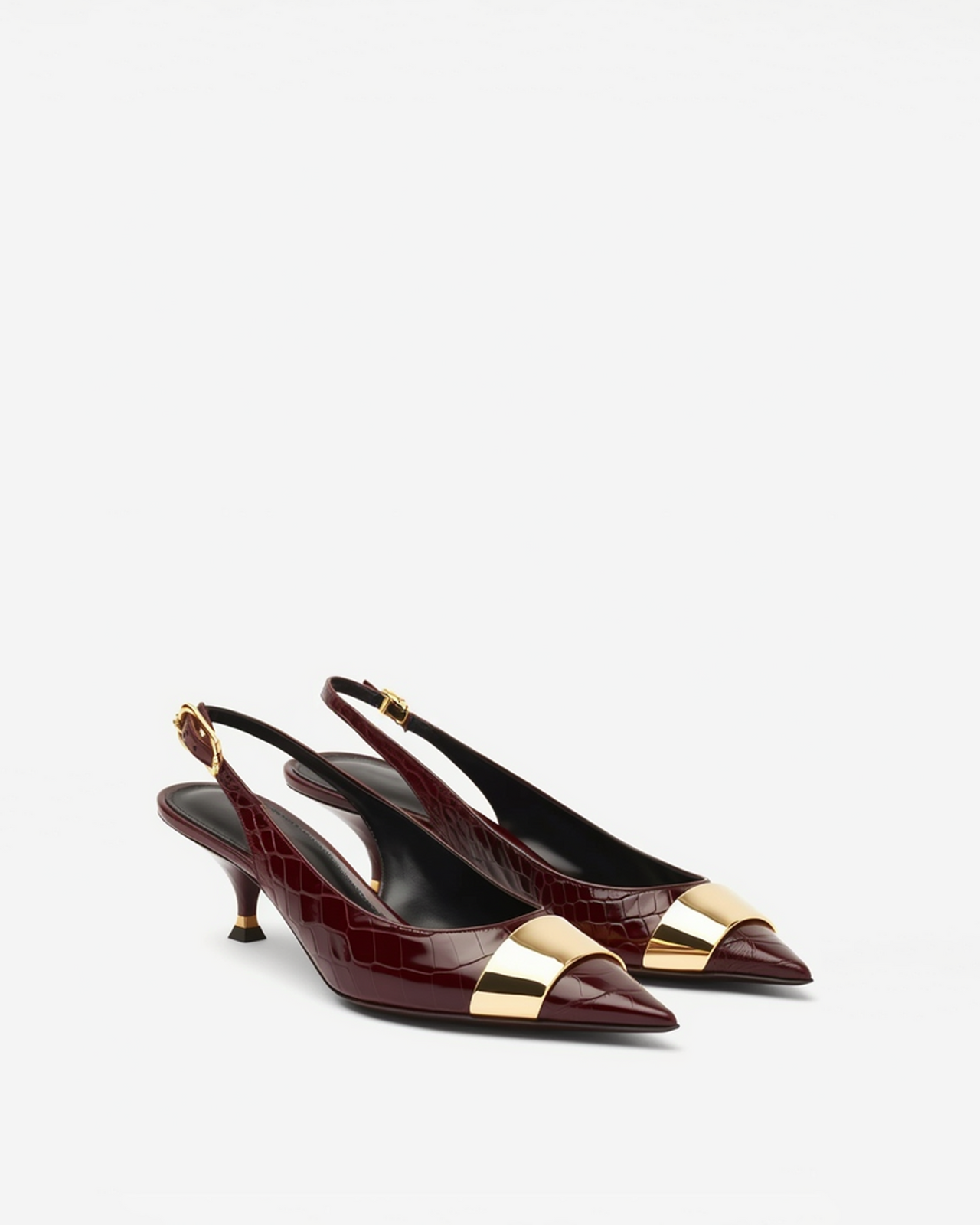 Adeline Croc-Effect Slingbacks with Gold Tip - Burgundy