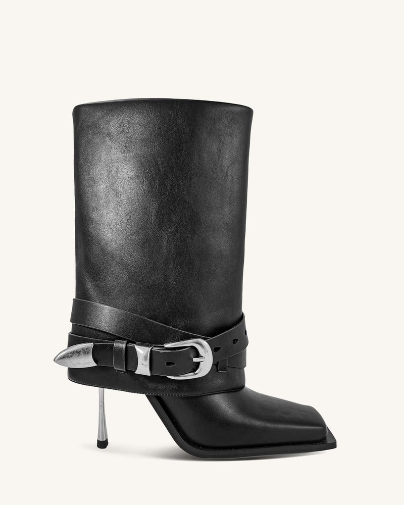 Emilia Western Buckled Leather Stiletto Boots - Black