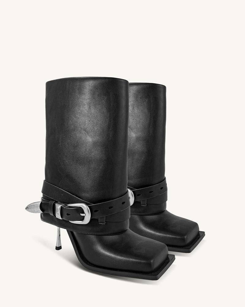 Emilia Western Buckled Leather Stiletto Boots - Black