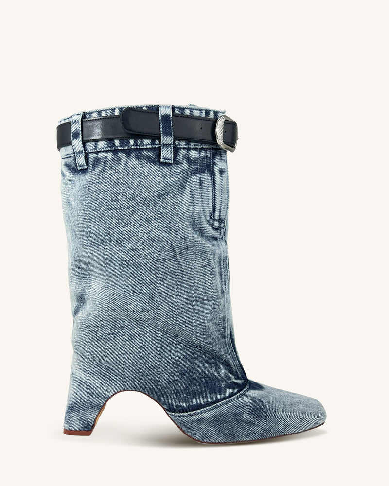 Ariana Denim Pocket Knee-High Boots - Blue