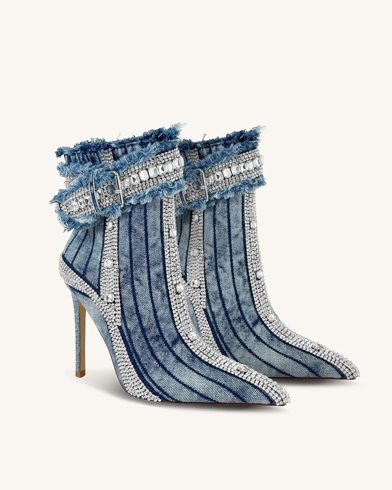 Chloe Denim Crystal Fringe Ankle Boots - Blue