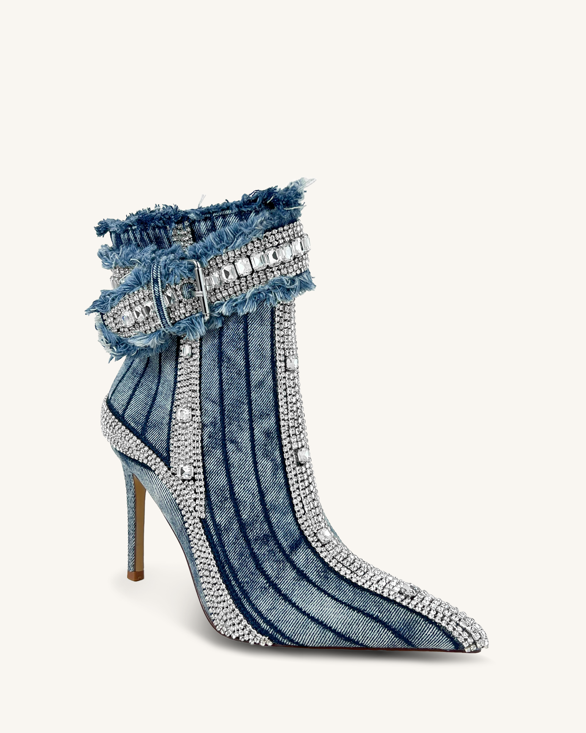 Chloe Denim Crystal Fringe Ankle Boots - Blue