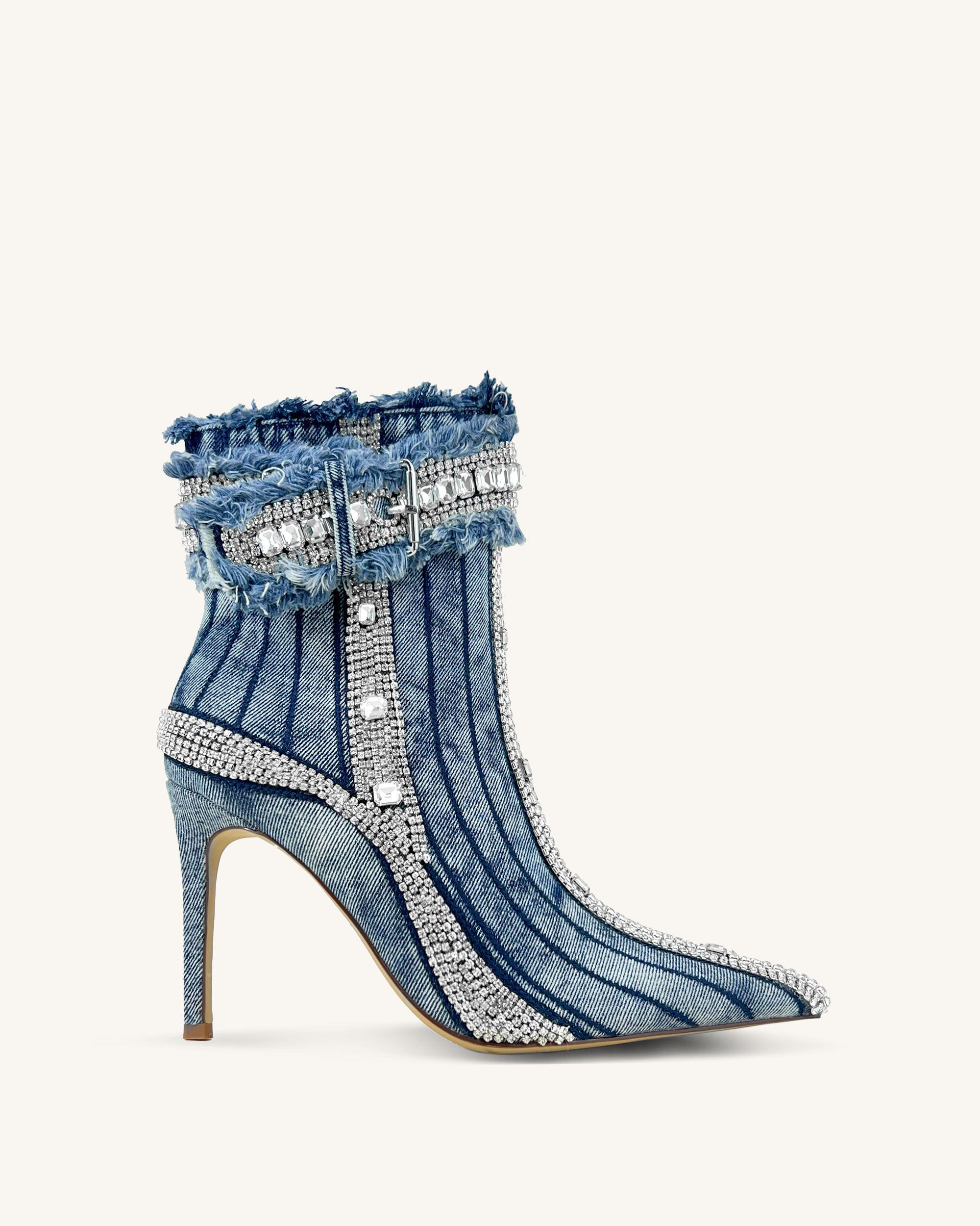 Chloe Denim Crystal Fringe Ankle Boots - Blue