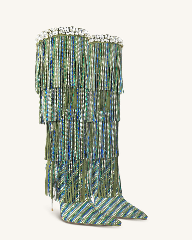 Rylee Fringe Embellished Knee-High Boots - Green