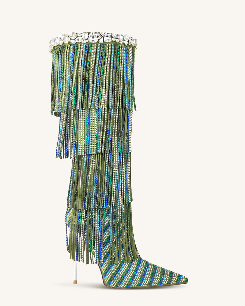 Rylee Fringe Embellished Knee-High Boots - Green