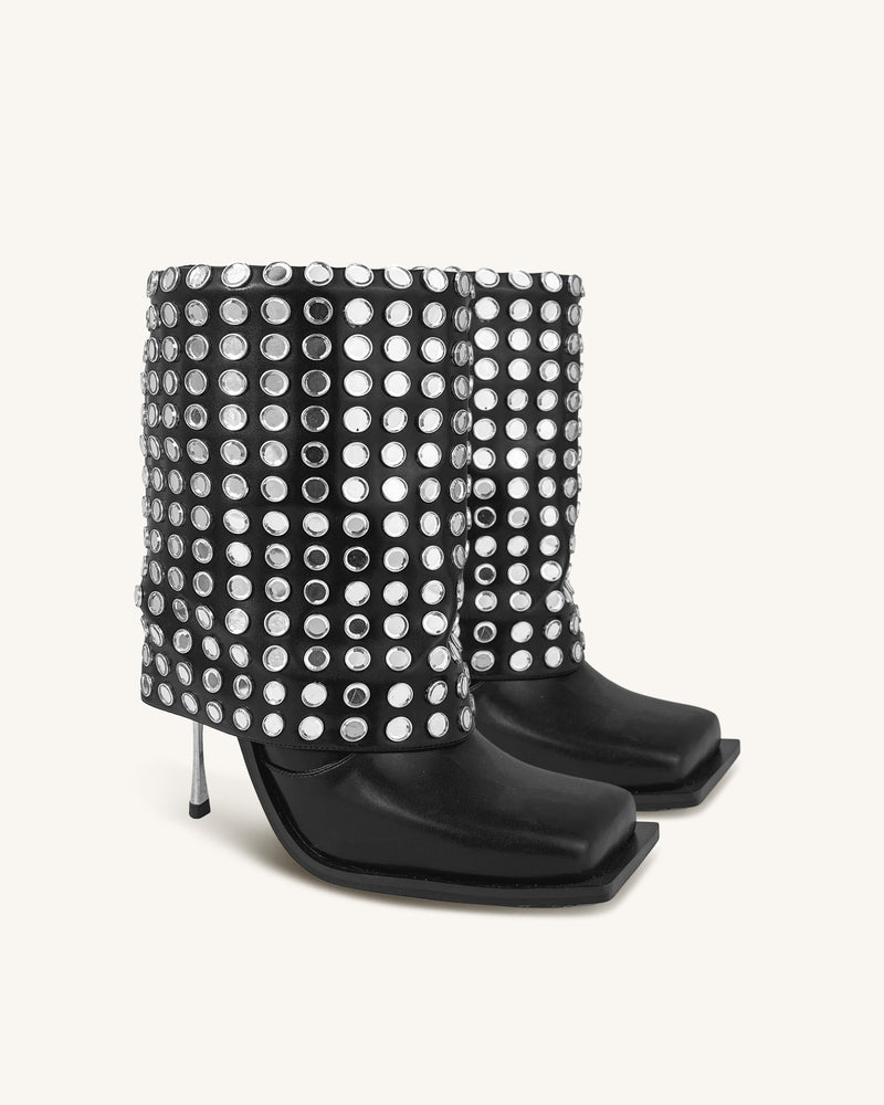 Bella Mirrored Square Toe Ankle Boots - Black