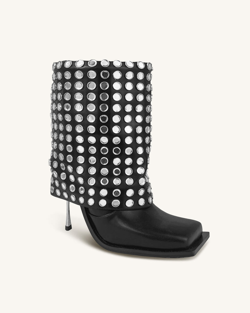 Bella Mirrored Square Toe Ankle Boots - Black