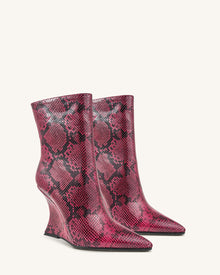 Lydia Snakeskin Wedge Ankle Boots - Red