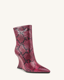 Lydia Snakeskin Wedge Ankle Boots - Red