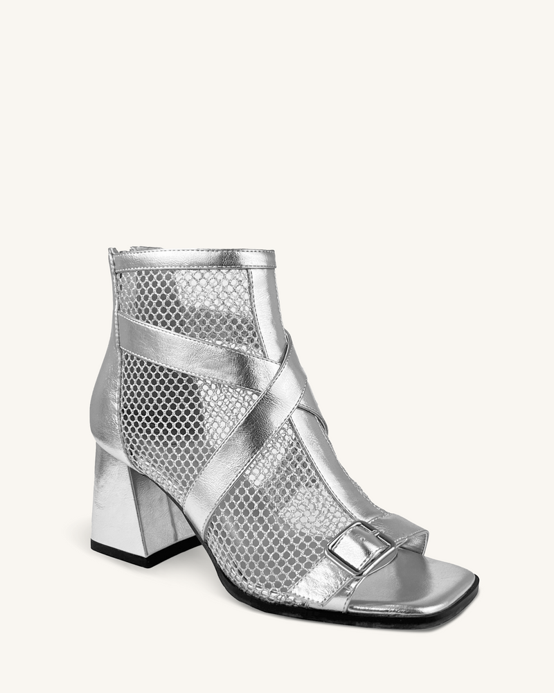 Arianna Metallic Strappy Ankle Boots - Silver