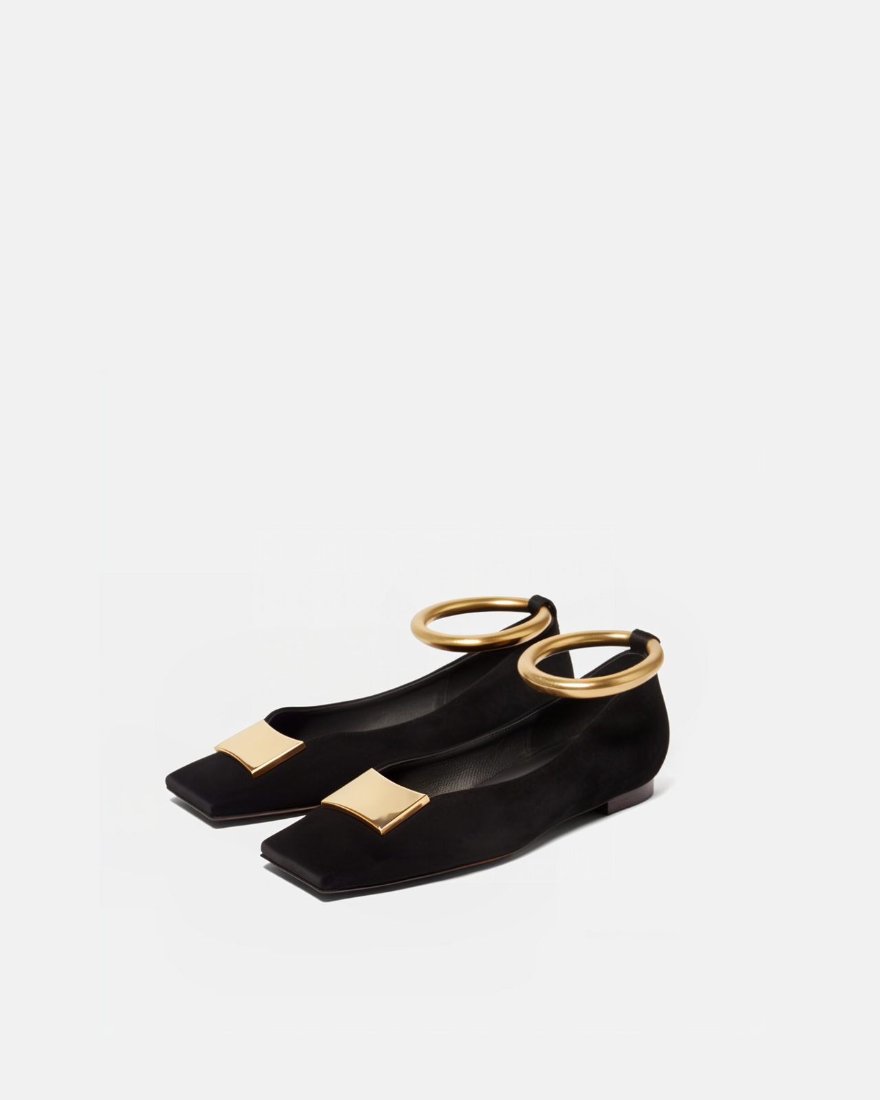 Ella Pleated Ballet Flats with Gold Ring - Black